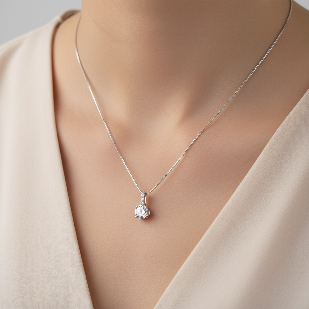 Elegante Solitär-Halskette aus Silber getragen am Hals
