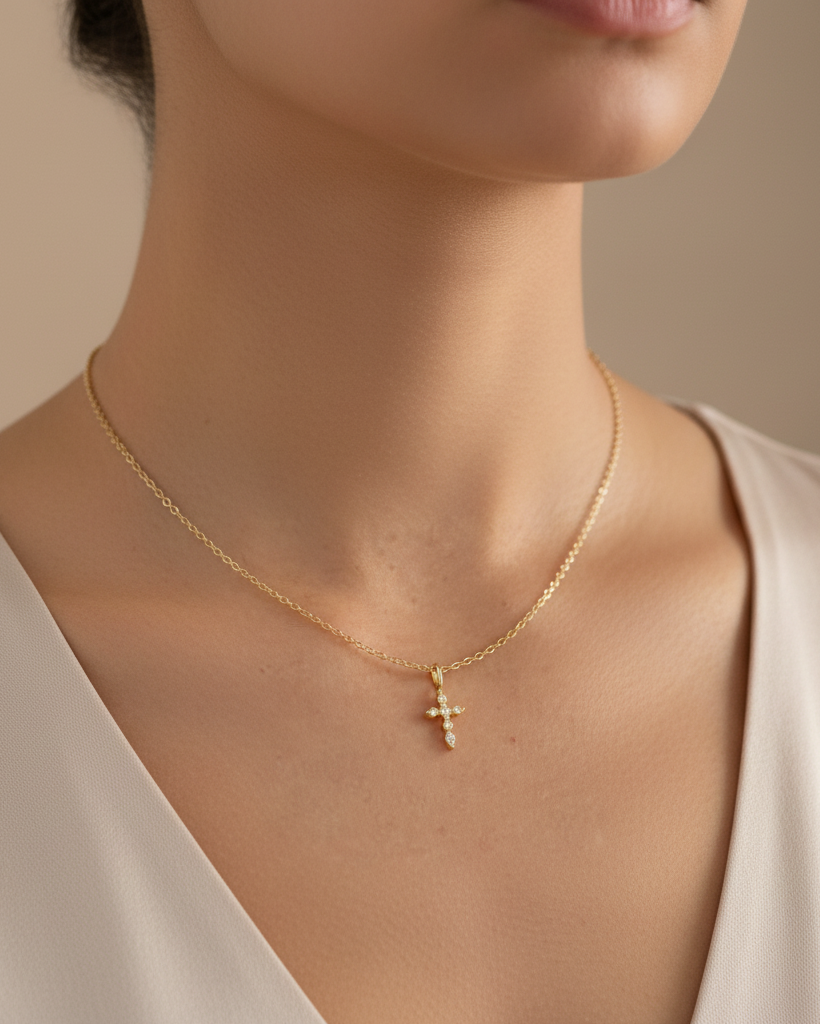 Filigrane goldene Kreuz-Halskette getragen am Hals